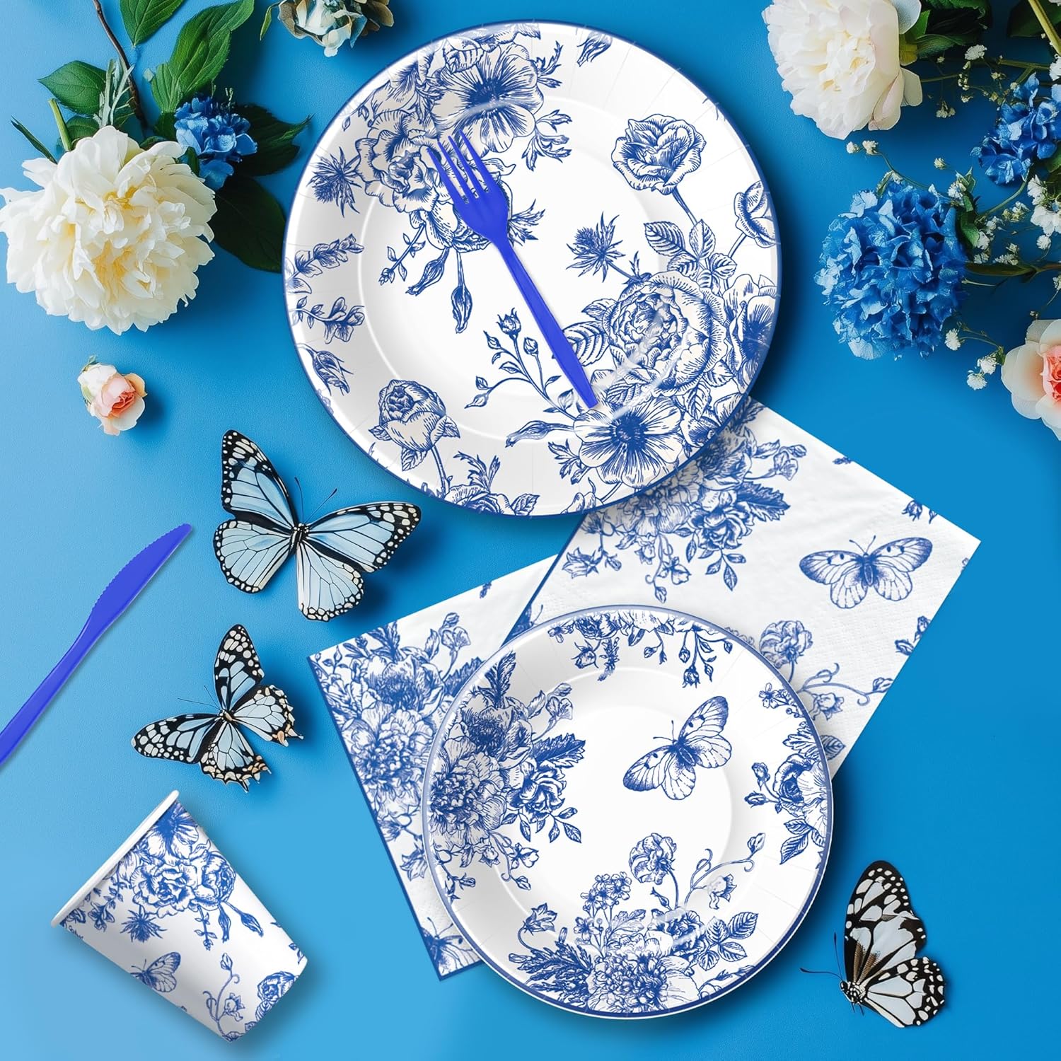 Blue and White Floral Paper Plates Set for 24