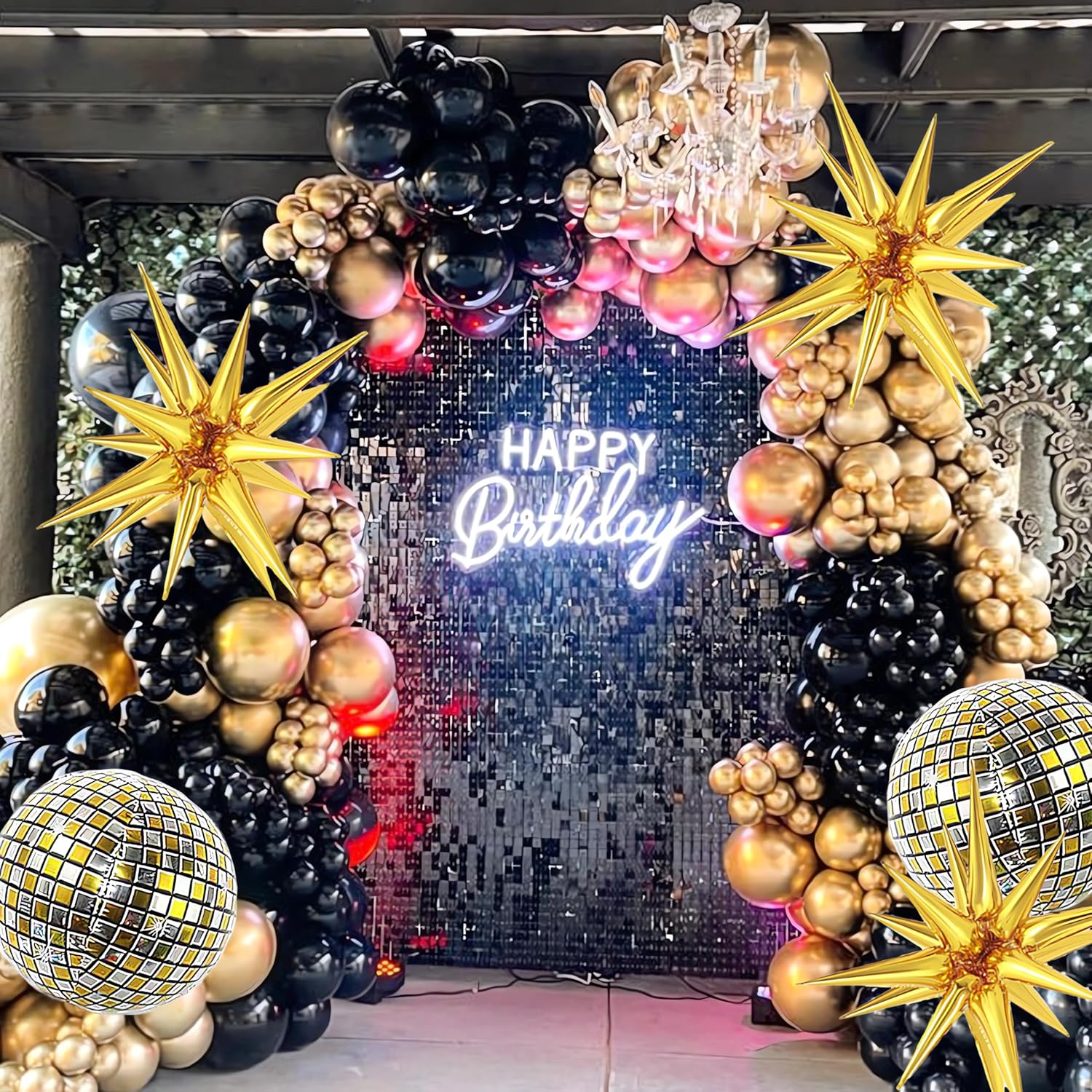 Black and Gold Balloon Garland Arch Kit with Starburst Foil Balloons