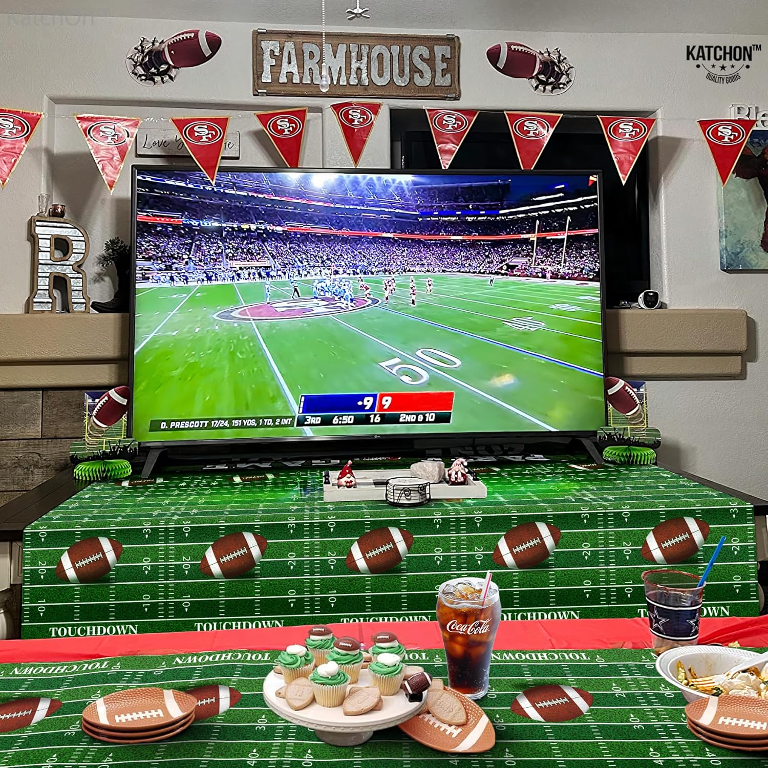 KatchOn 3 Pack Football Tablecloth - 108x54 Inch Green Tablecover for Football Parties
