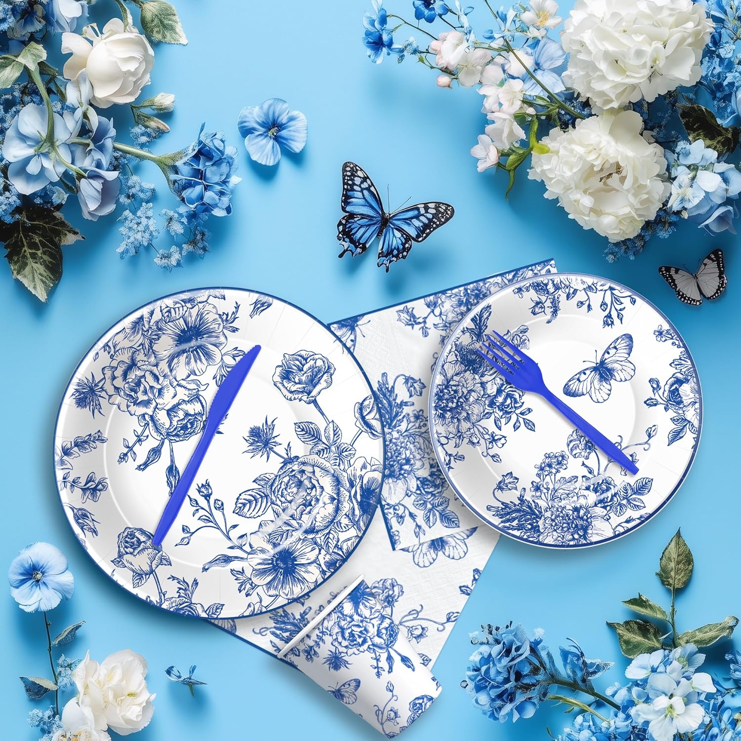 Blue and White Floral Paper Plates Set for 24