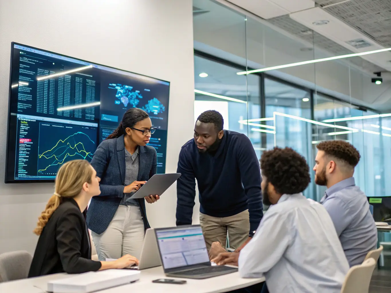 A team of data scientists working on complex data sets, visualizing trends and patterns to provide actionable insights for business growth.