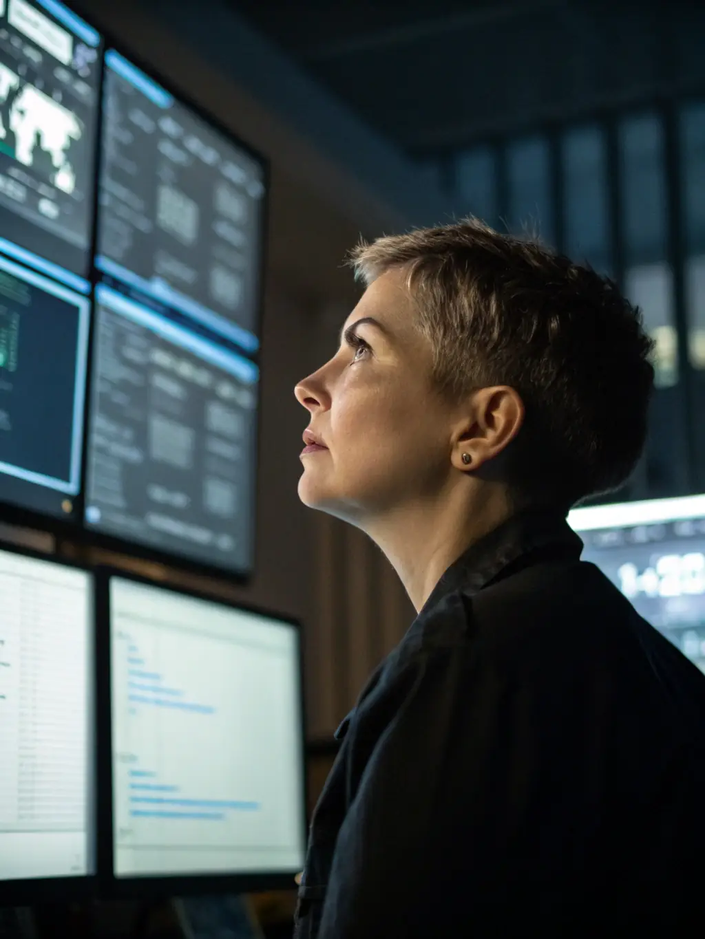 A cybersecurity expert analyzing network traffic, representing cybersecurity solutions and services.