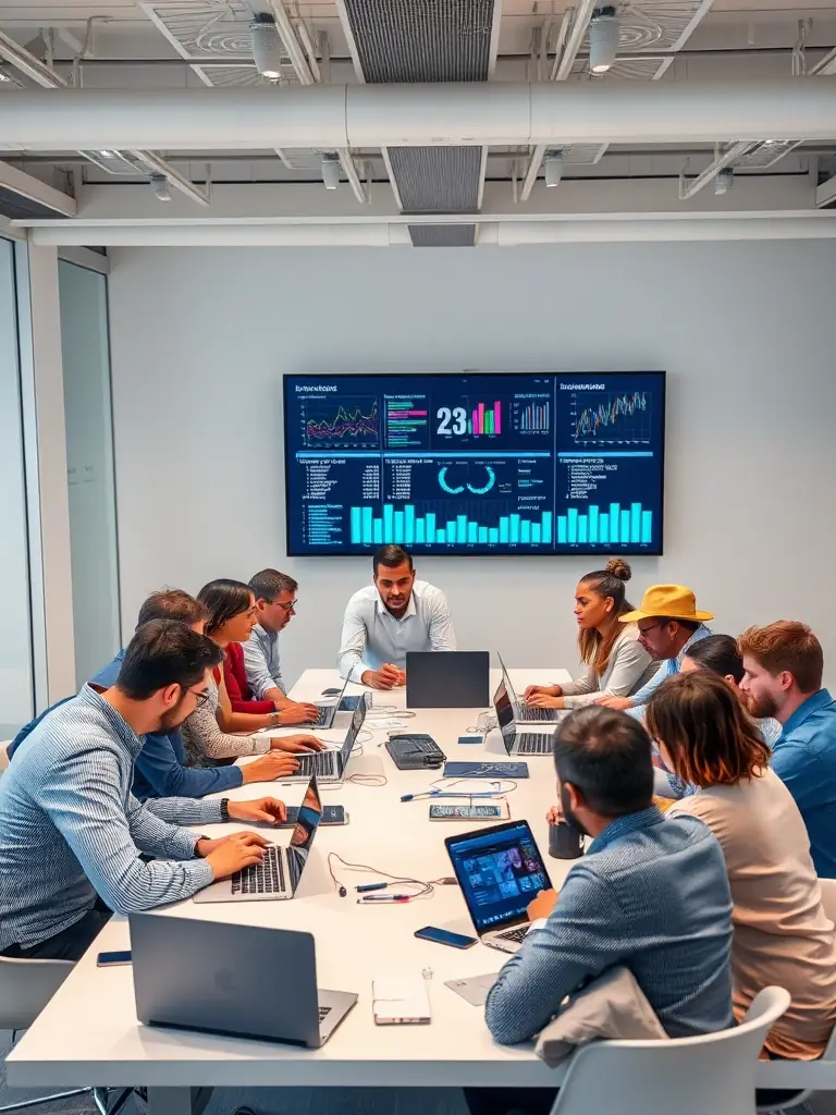 A diverse team collaborating on a cloud computing project, symbolizing cloud solutions and services.