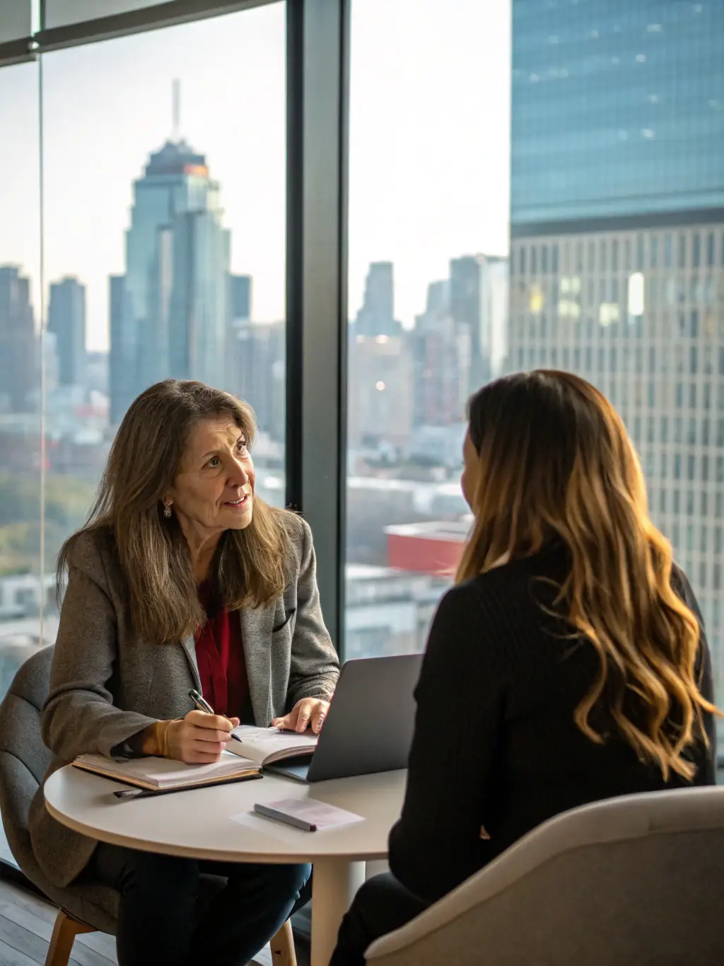 An image depicting a consultant discussing strategies with a client in a modern office setting.