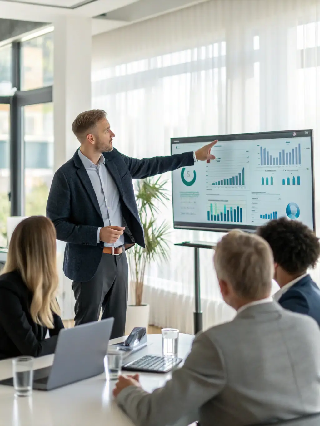 A consultant in a suit is presenting a strategic plan to a team in a modern office. The image represents strategic technology consulting.