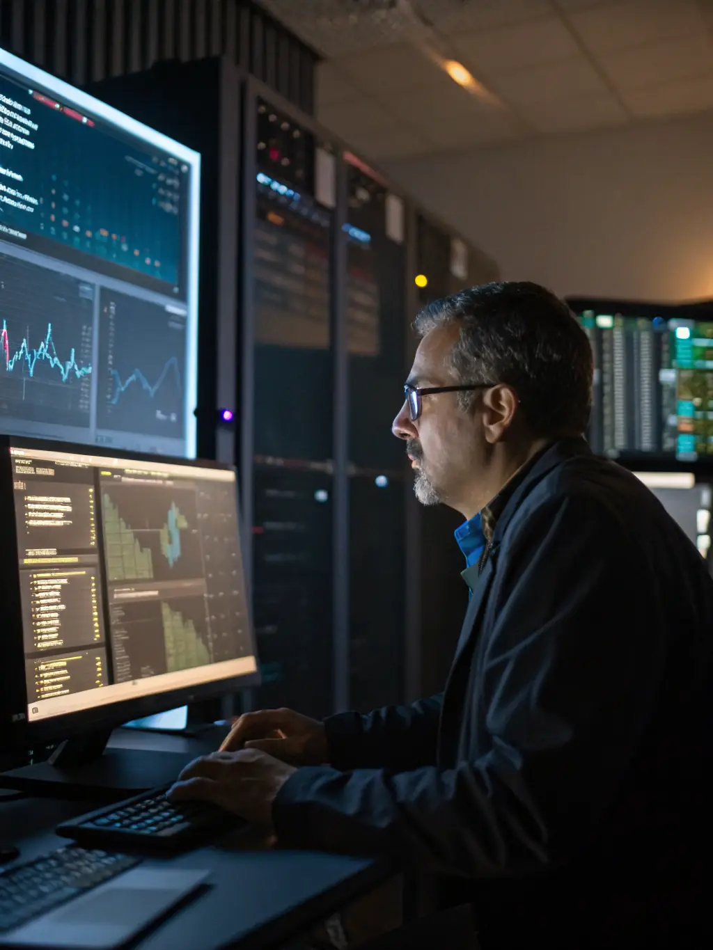 A data scientist is analyzing complex datasets on a large monitor, with visualizations highlighting key trends and insights for data analytics solutions.