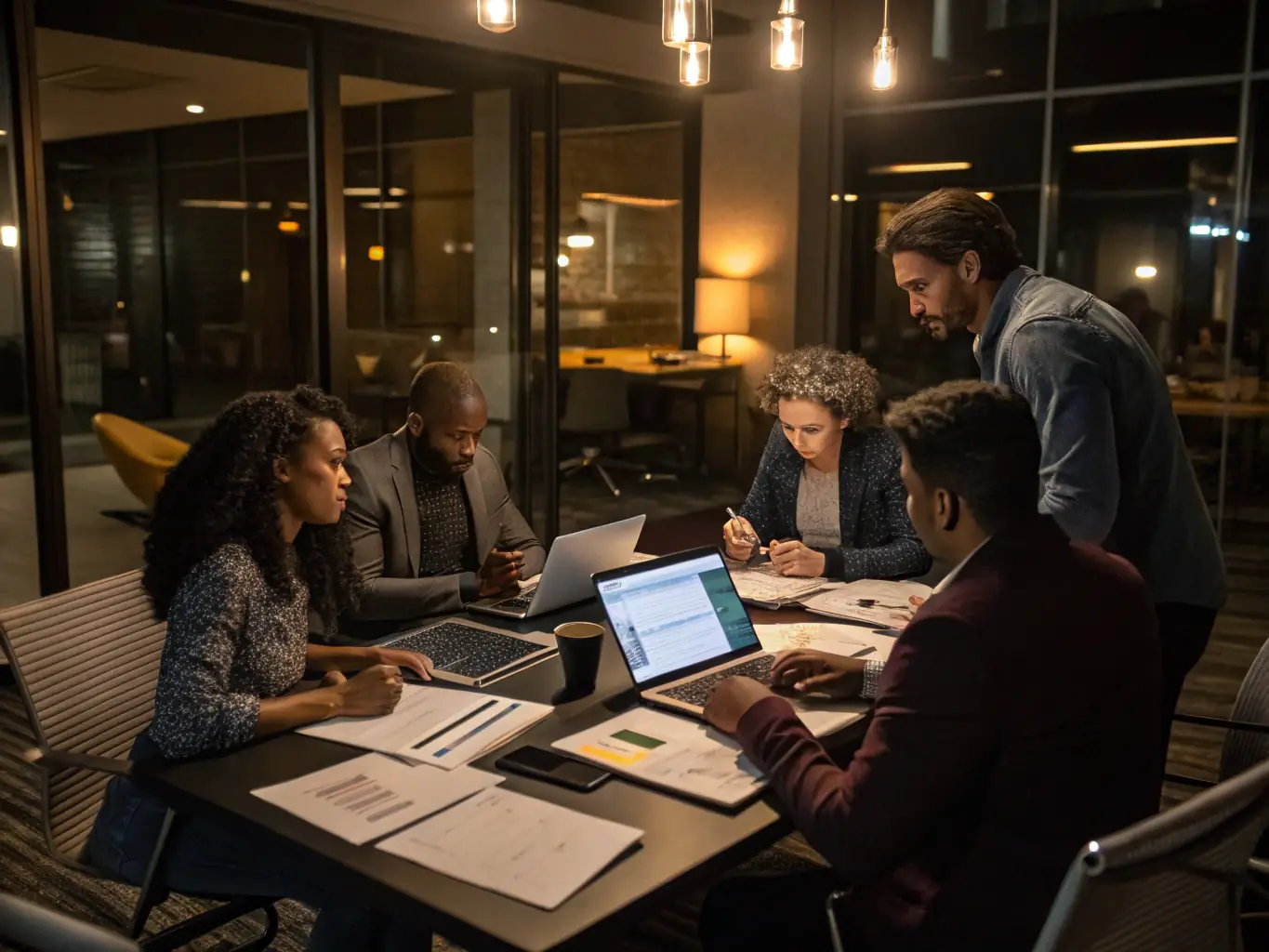 A team of consultants collaborating on a digital transformation project, using laptops and discussing innovative solutions.