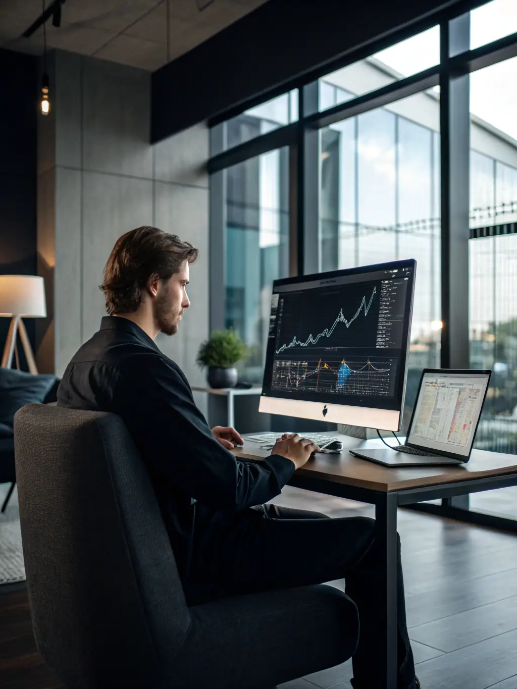 A consultant in a modern office setting, analyzing data on a laptop, with charts and graphs displayed on a large monitor in the background, representing strategic technology consulting.
