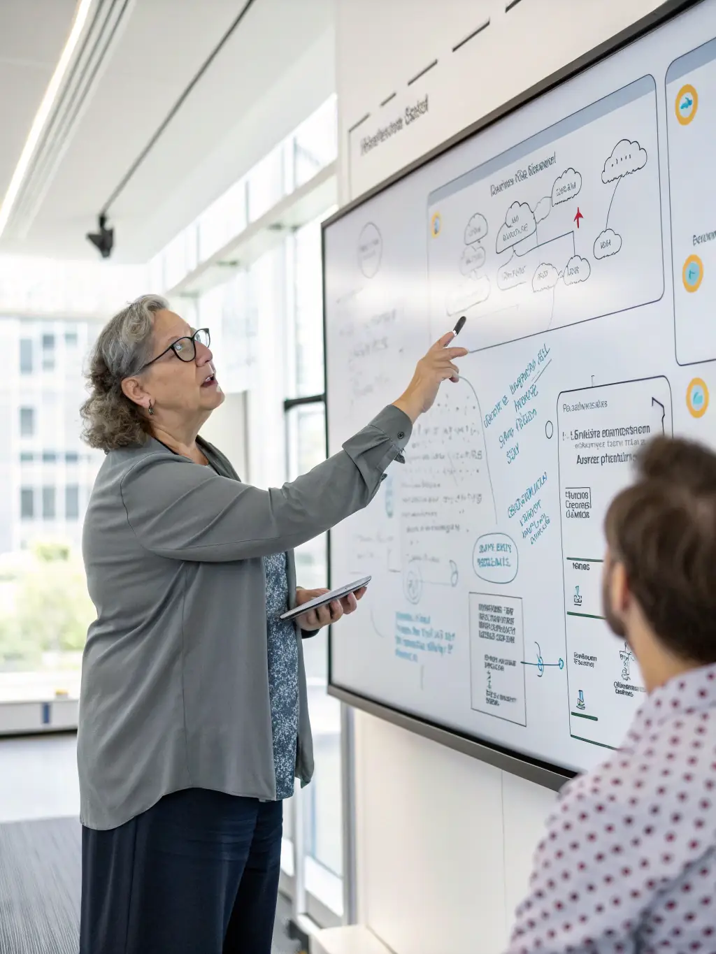 A cloud computing architect designing a cloud infrastructure diagram on a whiteboard, illustrating cloud migration and optimization services.