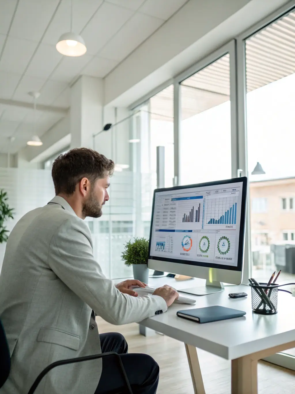 A data analyst is working on a dashboard with complex data visualizations, showcasing data analytics solutions.