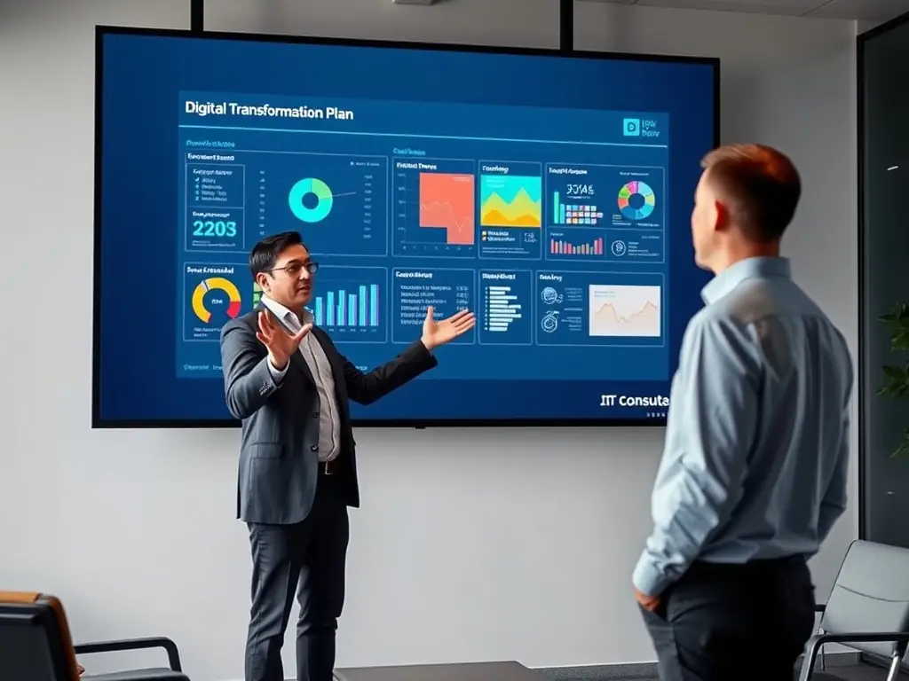 A consultant presenting a digital transformation roadmap to a client, highlighting key milestones and the integration of new technologies.