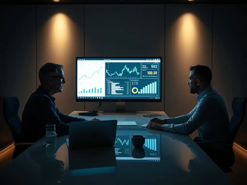 A consultant in a modern office setting, reviewing data analytics dashboards with a client, focusing on strategic insights and collaborative problem-solving.