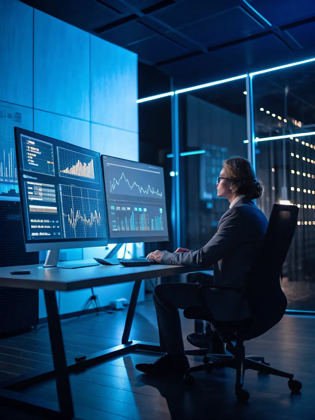 An image showing a data analyst working on a computer with visual data representations on the screen.