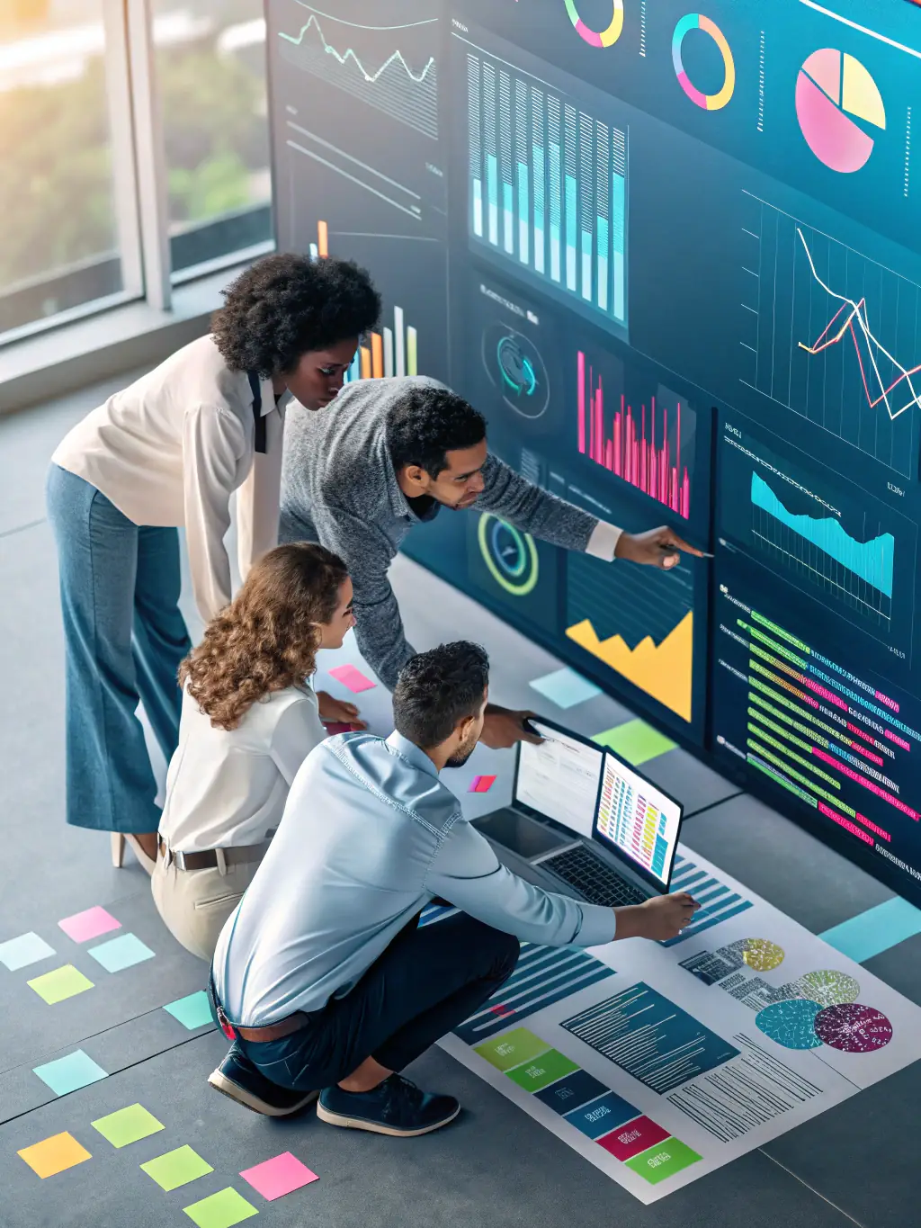A team of data scientists collaborating around a table, examining data visualizations and discussing insights, symbolizing data analytics solutions.